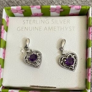 Genuine Amethyst and CZ Sterling Silver Heart Shaped Earrings in Gift Box